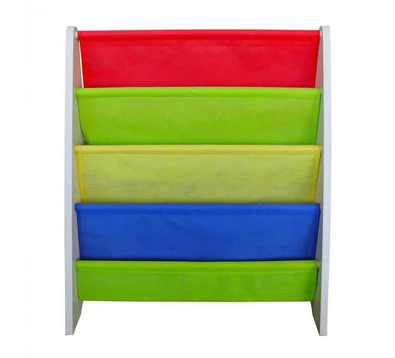 librero-de-madera-y-tela-en-colores-primarios Organizador de Libros Para Niños