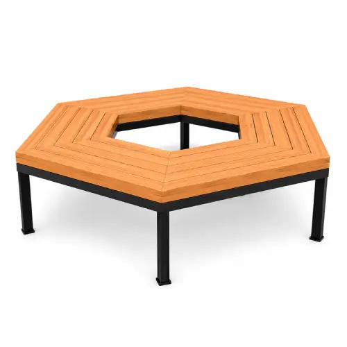 Banca hexagonal para árbol con estructura de acero y asiento de madera natural, ideal para plazas, parques, colegios, universidades y espacios públicos de Chile - Play And Toys.